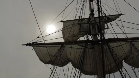 Sailing Tall-Ship, Rigging, Masts And Giant Sails In Sun Video stock 102740025