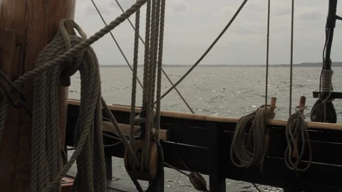 Sailing Tall-Ship, Rigging, Masts and open sea in the distance Stock Footage 103870375