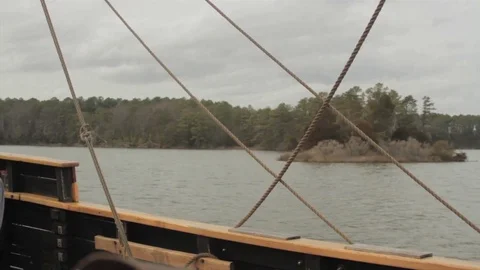 Sailing Tall-Ship, rigging - sails on River Stock-Footage 81244211