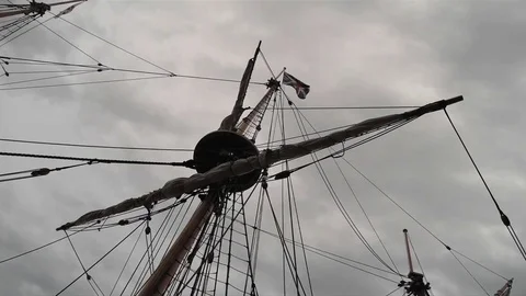 Sailing Tall-Ship on river, rigging, masts and giant sails Stock Footage 81244050