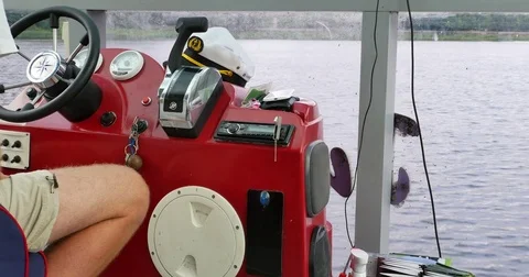 Sailing through the lake. Capitan is driving the cruiser. Video stock 73380598