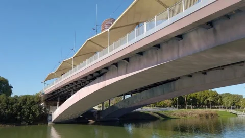 Sailing under Cachorro Bridge over River Guadalquivir in Seville Stock Footage 329868743