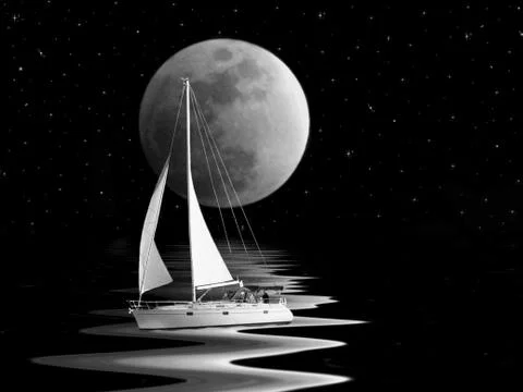 Sailing under a full moon Illustrazione stock