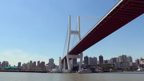 Sailing Under The Huge Bridge In Shanghai, China Stock Footage 86705868