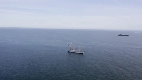 Sailing vessel sails across Atlantic Ocean. Quiet Mediterranean Sea in Spain. Stock Footage 166135979