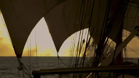 Sailing vessel.  Wind-filled sails.  At sunrise.  Silhouette. Stock Footage 133971602