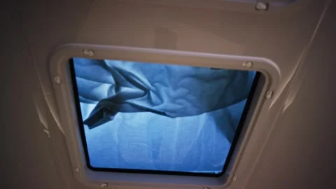 Sailing Yacht Cabin with Overhead Deck Hatches, Boat Interior, Static Shot Video stock 340330316