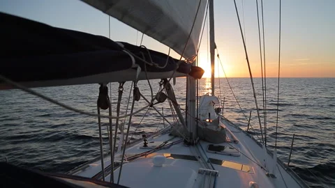 Sailing Yacht Deck Facing Golden Sunset on Mediterranean Sea in Corsica Stock Footage 340339255
