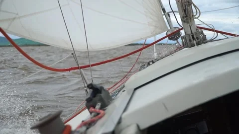 Sailing yacht in rough river waves. Amur river, Russia Stock Footage 304966114
