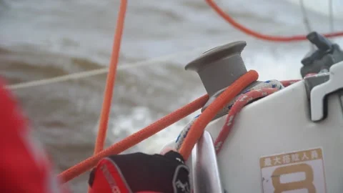 Sailing yacht in rough river waves. Amur river, Russia Stock Footage 304966148