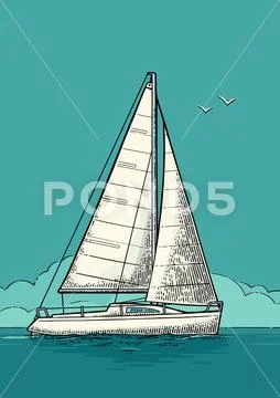 Sailing yacht. Sailboat. Vector drawn flat illustration for yacht club Stock Illustration