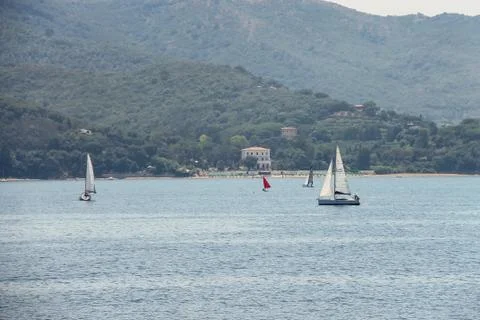 Sailing yachts in Tyrrhenian Sea on Elba Island, Italy Stock Photos
