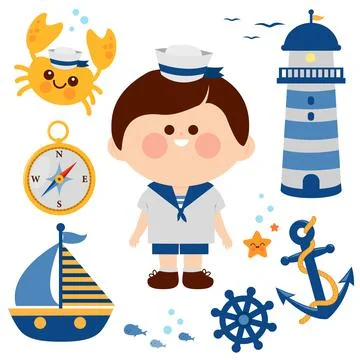 Sailor boy nautical set. Vector illustration collection Stock Illustration