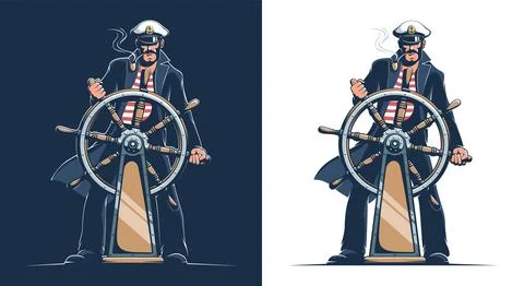 Sailor in captain uniform at the helm of the ship Stock-Illustration