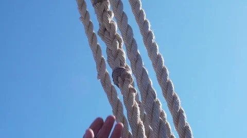 Sailor checking rope in wood ship vessel slow motion Stock Footage 83260094