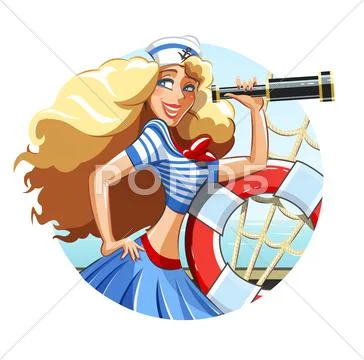 Sailor girl with pipe and rescue ring Stock Illustration