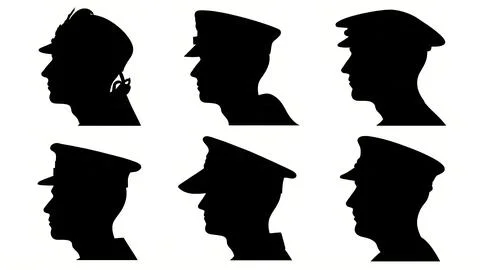 Sailor Head Profile with Hat Black Silhouettes Collection 스톡 일러스트