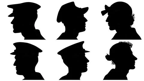 Sailor Head Profile with Hat Black Silhouettes Collection 스톡 일러스트