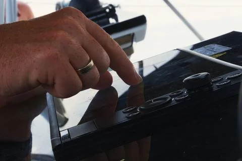 Sailor navigating electronic chartplotter touchscreen display Stock Photos