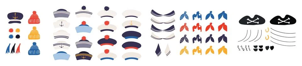 Sailor, pirate hat, cap, collar neckerchief isolated set Stock Illustration