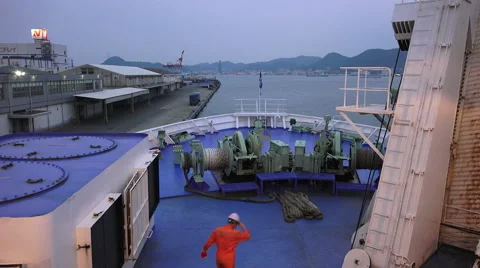 Sailor Preps For Work On Ferry Ship At Seaport Shimonoseki Japan Stock Footage 51448540