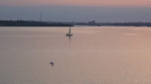 Sailor sails along river against backdrop city and sunset. 库存影片 155863337