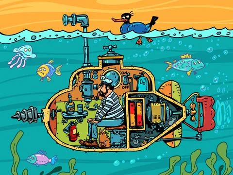 A sailor sails in a submarine exploring the ocean. Original tourist travels Stock Illustration