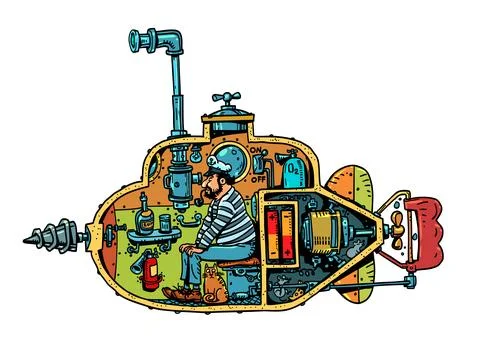 A sailor sails in a submarine exploring the ocean. Original tourist travels Stock Illustration
