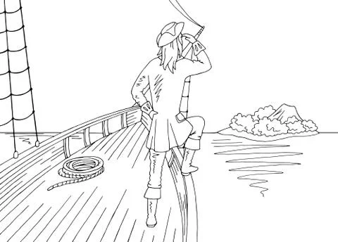 Sailor standing on the prow of the ship and looking at the island graphic black  Stock Illustration