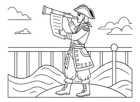 Sailor in vintage uniform looking through spyglass on deck illustration. Stock Illustration