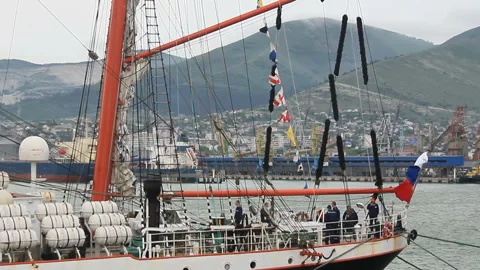 Sailors on deck of sail ship Stock Footage 104716697