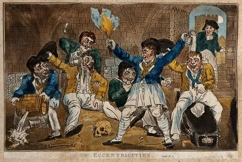 Sailors drinking in a crypt. Coloured etching by W. Elmes. Ilustración de archivo