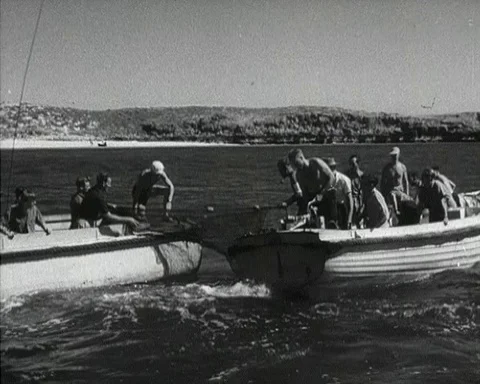 Sailors setting up fish nets around Monte Bello Islands, Australia 1952 Stock Footage 133369396