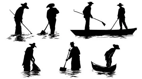 Sailors Using Boat Hook Silhouettes Pack 스톡 일러스트