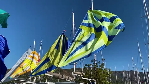 The sails are fluttering in the wind. Spinnaker to dry in the wind at the port Video stock 145059502