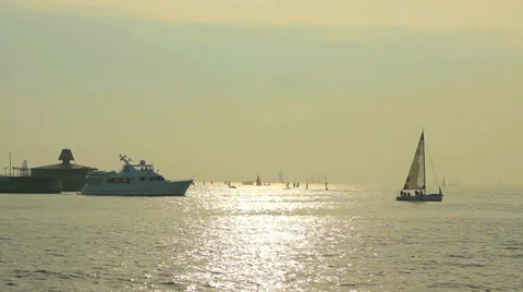 Sails At Sunset Over The Sea 2 Stock Footage 34289386