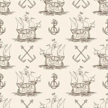 Sailship and Anchor Seamless pattern Stock Illustration