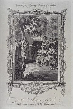 Saint Augustine of Canterbury. Etching by C. Grignion, 17--, after S. Wale. Illustrazione stock