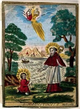 Saint Augustine of Hippo with a boy who tries to empty the sea into a hole .. Illustrazione stock