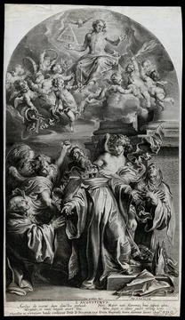 Saint Augustine of Hippo. Line engraving by P. de Jode after Sir A. van Dyck. Illustrazione stock