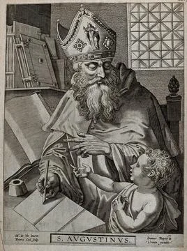 Saint Augustine of Hippo. Line engraving by P. Cool after M. de Vos. Illustrazione stock