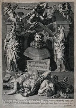 Saint Augustine of Hippo. Line engraving by P. de Jode the younger after E... Illustrazione stock