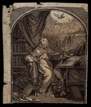 Saint Augustine of Hippo. Line engraving after A. Dieu. Illustrazione stock