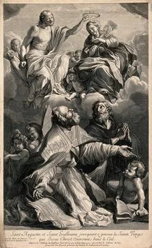 Saint Augustine of Hippo with Saint William, and Christ crowning Saint Mary.. Illustrazione stock