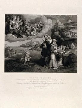 Saint Augustine of Hippo. Stipple engraving by P.W. Tomkins, 1816, after W... Illustrazione stock