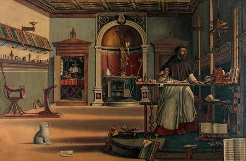 Saint Augustine in his study. Chromolithograph by F. Frick after Desideri a.. Illustrazione stock