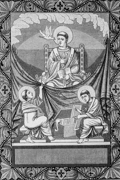 Saint augustine receives instructions from pope saint gregoire, the illustrat Illustrazione stock
