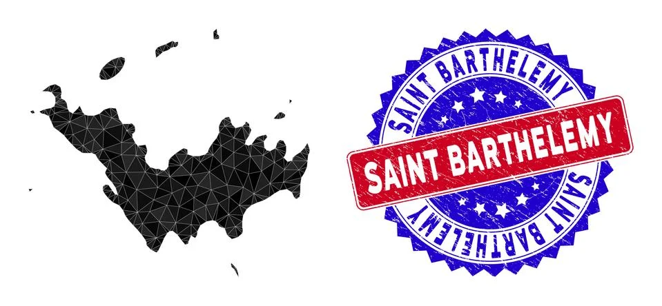 Saint Barthelemy Map Triangle Mesh and Scratched Bicolor Seal Stock Illustration