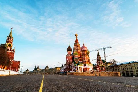 Saint Basil Cathedral on Red Square taken from empty Vasilyevskiy Spusk Stock Photos