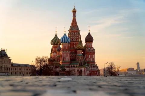 Saint Basil Cathedral at Red Square during sunrise in Moscow at Russia Stock Photos